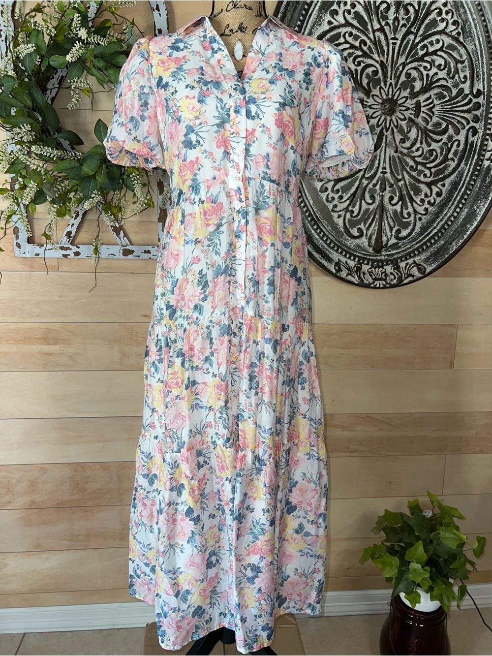 Cece Floral Tiered Midi Dress in Pastel Pink and Blue